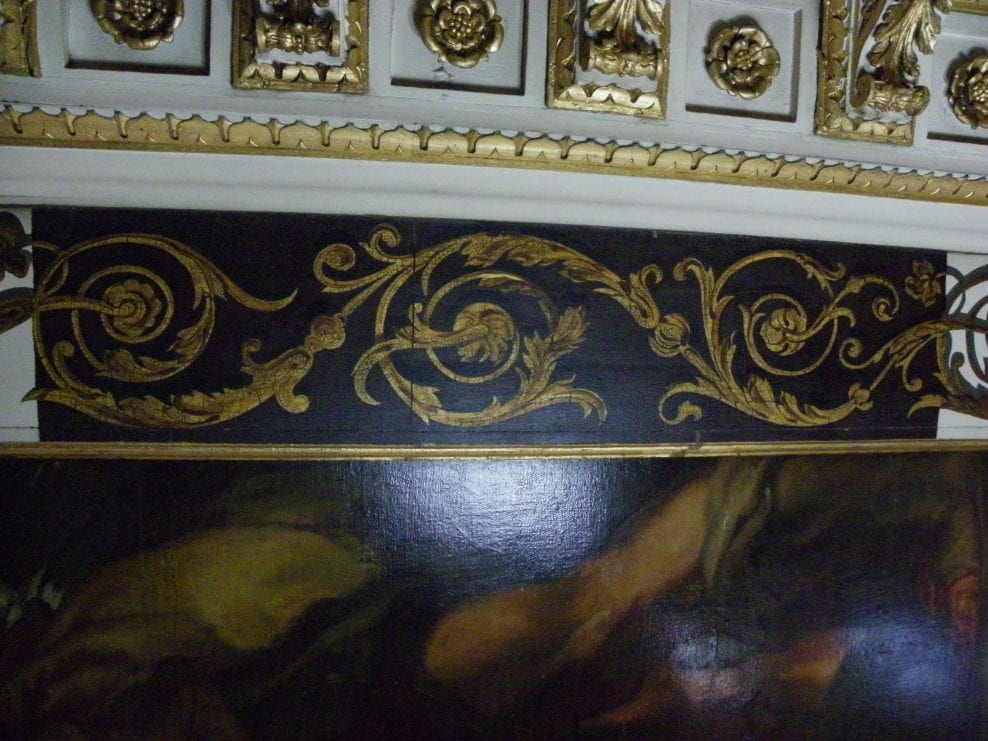 Investigation and uncovering of painted coffer ceiling decoration by Sir John Soane, 1820s, the Banqueting House, Whitehall, London.