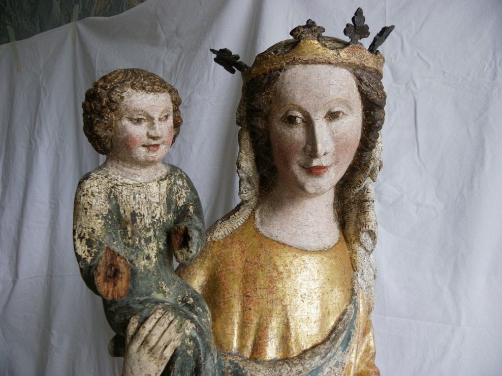 Madonna and Child, European, hardwood, polychrome and gilding, Lower Rhine, 1360-90, height 93 cm