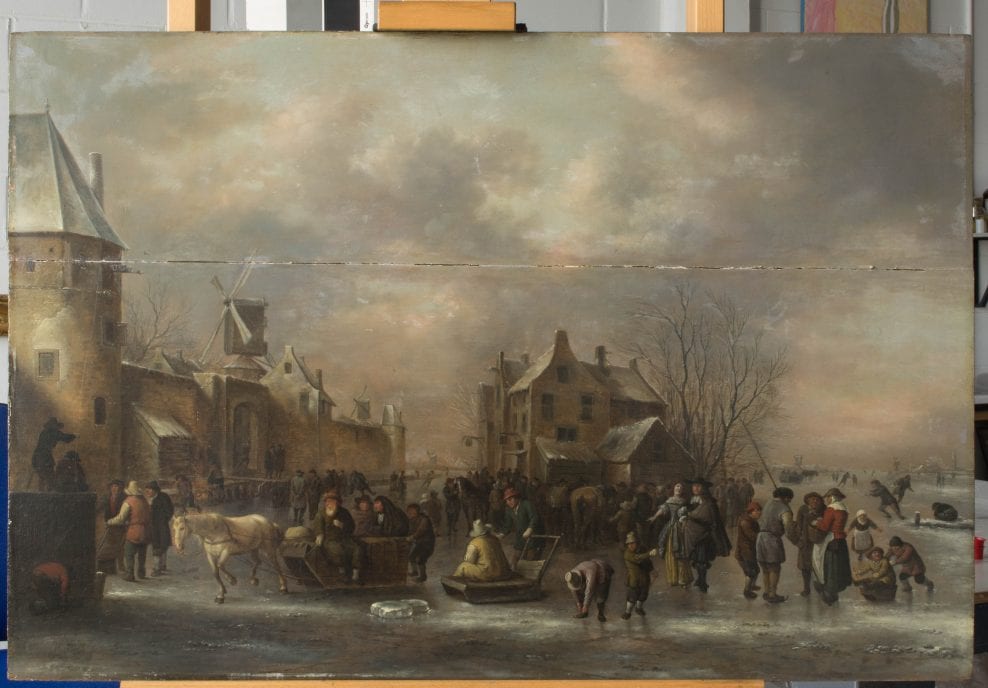 Painting, oil on oak panel, A Winter Landscape near a Town, by Klaes Molenaer