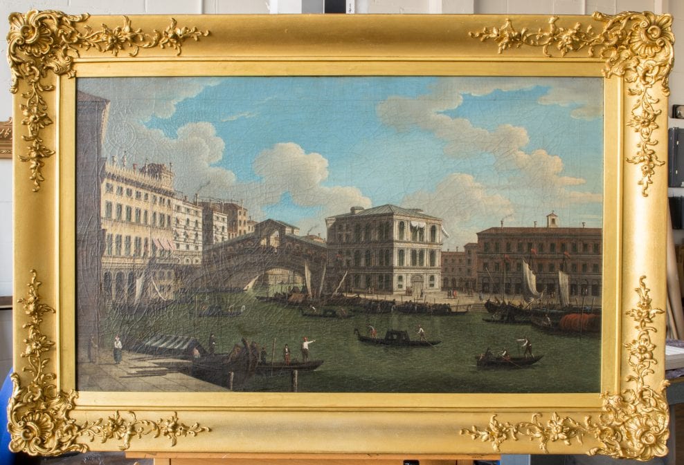 Painting, oil on canvas, style of Canaletto, A View of the Rialto Bridge