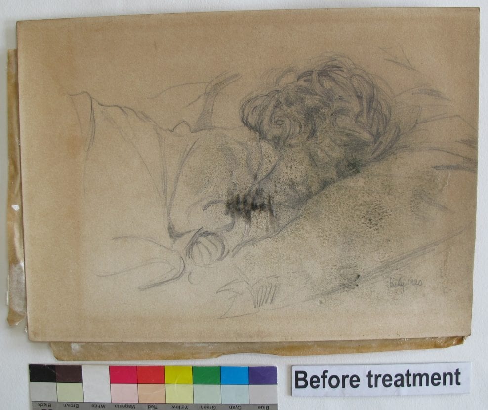 Conservation of a pencil drawing of a sleeping child