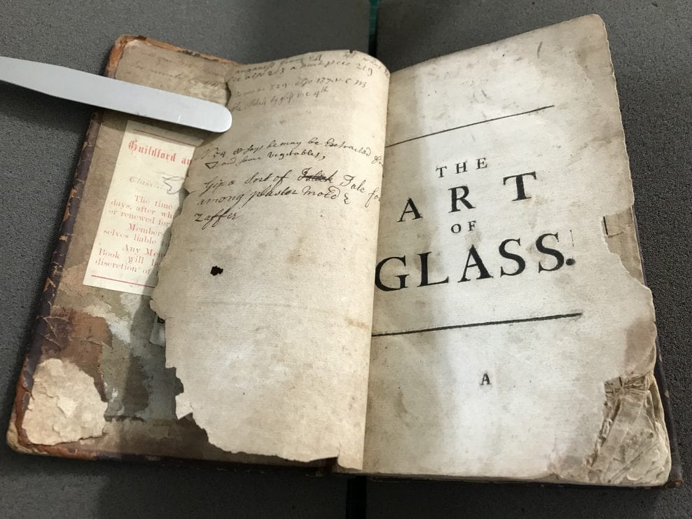 Art of Glass, H. Blancourt, London 1699 with extensive annotations by 17th Century glassmakers. Guildford Institute Library