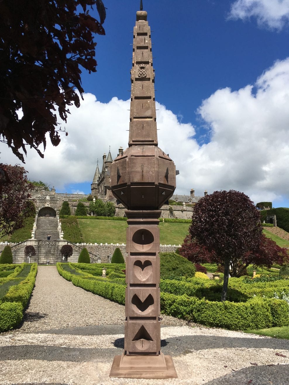 Final installation day of the conserved Drummond Castle Obelisk Sundial re-aligned with all new working gnomons summer solstice 2019O