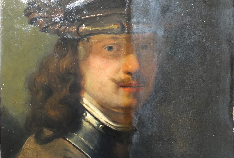 Self portrait with shaded eyes, after Rembrandt or Govaert Flinck